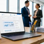 Ноутбук с сайтом ЕИС на офисном столе с канцелярскими принадлежностями, на фоне двое коллег ведут деловой разговор