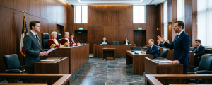 Судебное заседание в зале суда: адвокаты выступают перед судьями, юридический процесс, courtroom scene